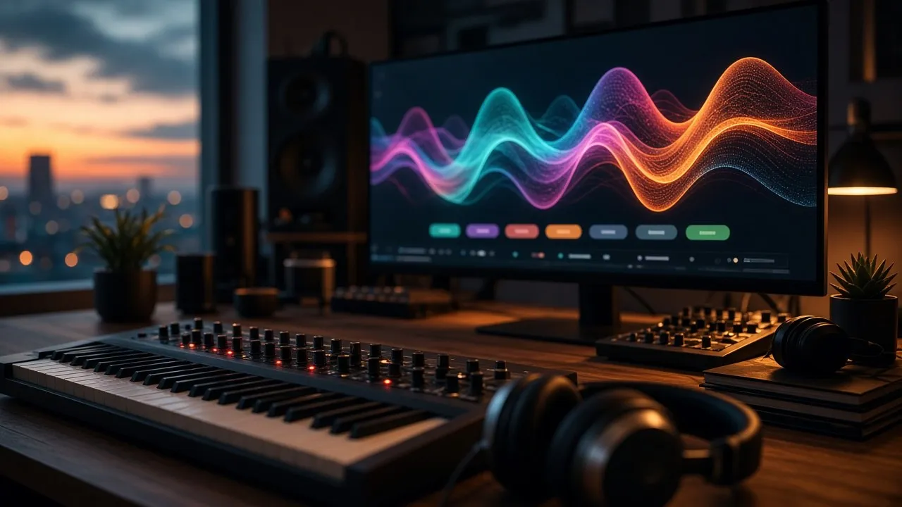 Warm dusk studio desk with headphones, keyboard, and a wide monitor showing colorful abstract waveforms beside a city skyline