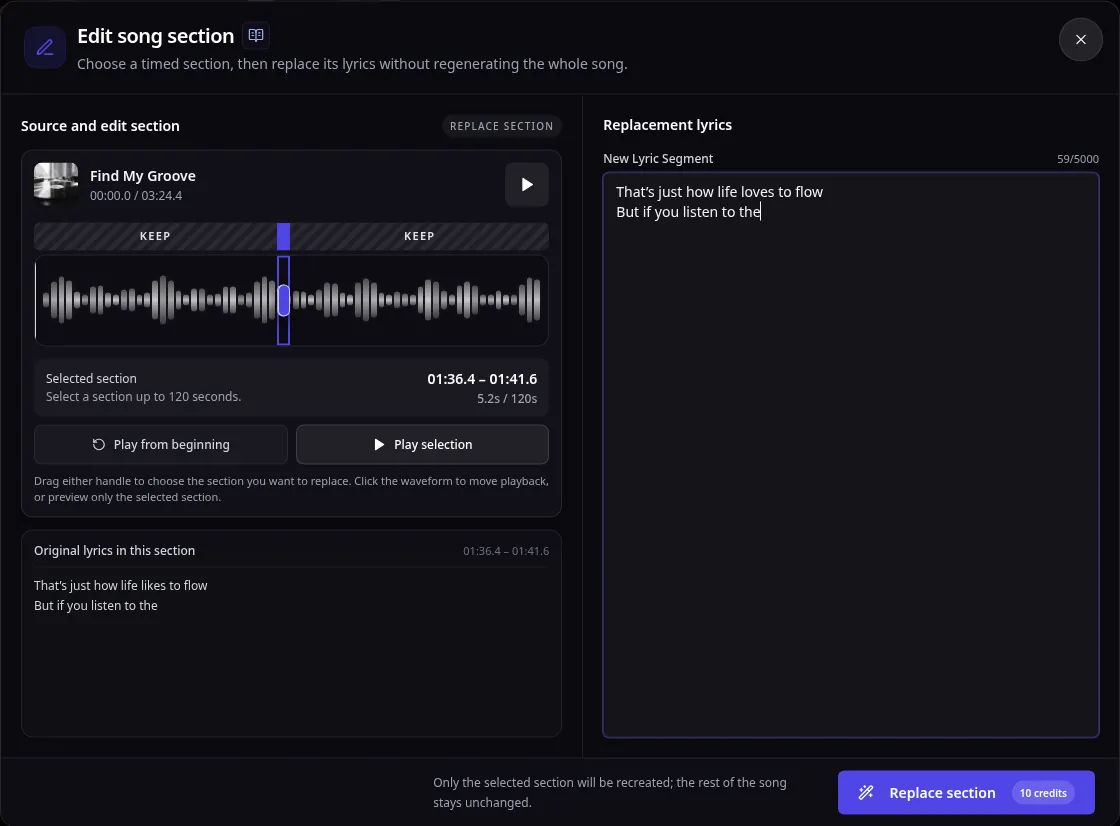 The Edit song section dialog in EasyMusic, with a short range selected on the waveform, the original lyrics for that range, and the replacement lyrics typed in
