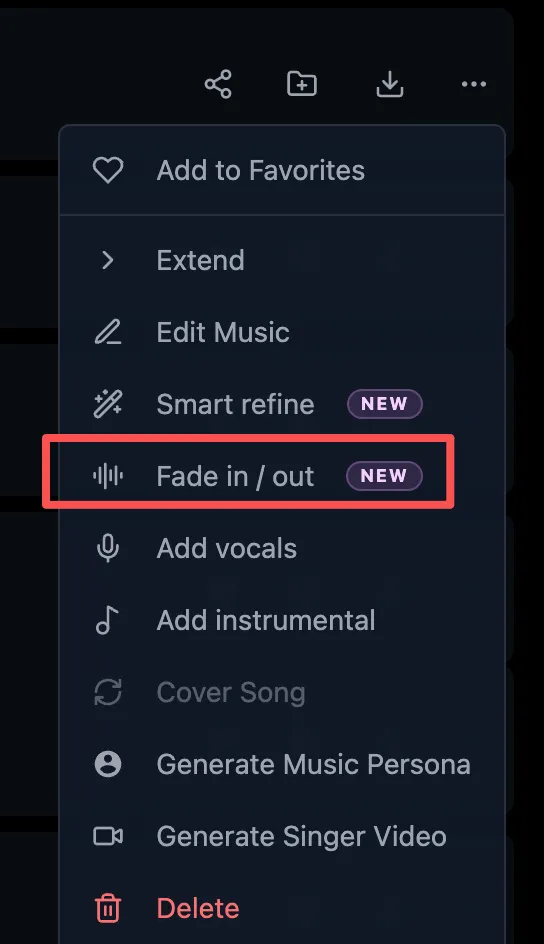EasyMusic song menu with Fade in / out highlighted by a red box and marked NEW, alongside Extend, Edit Music, Smart refine, and other song tools