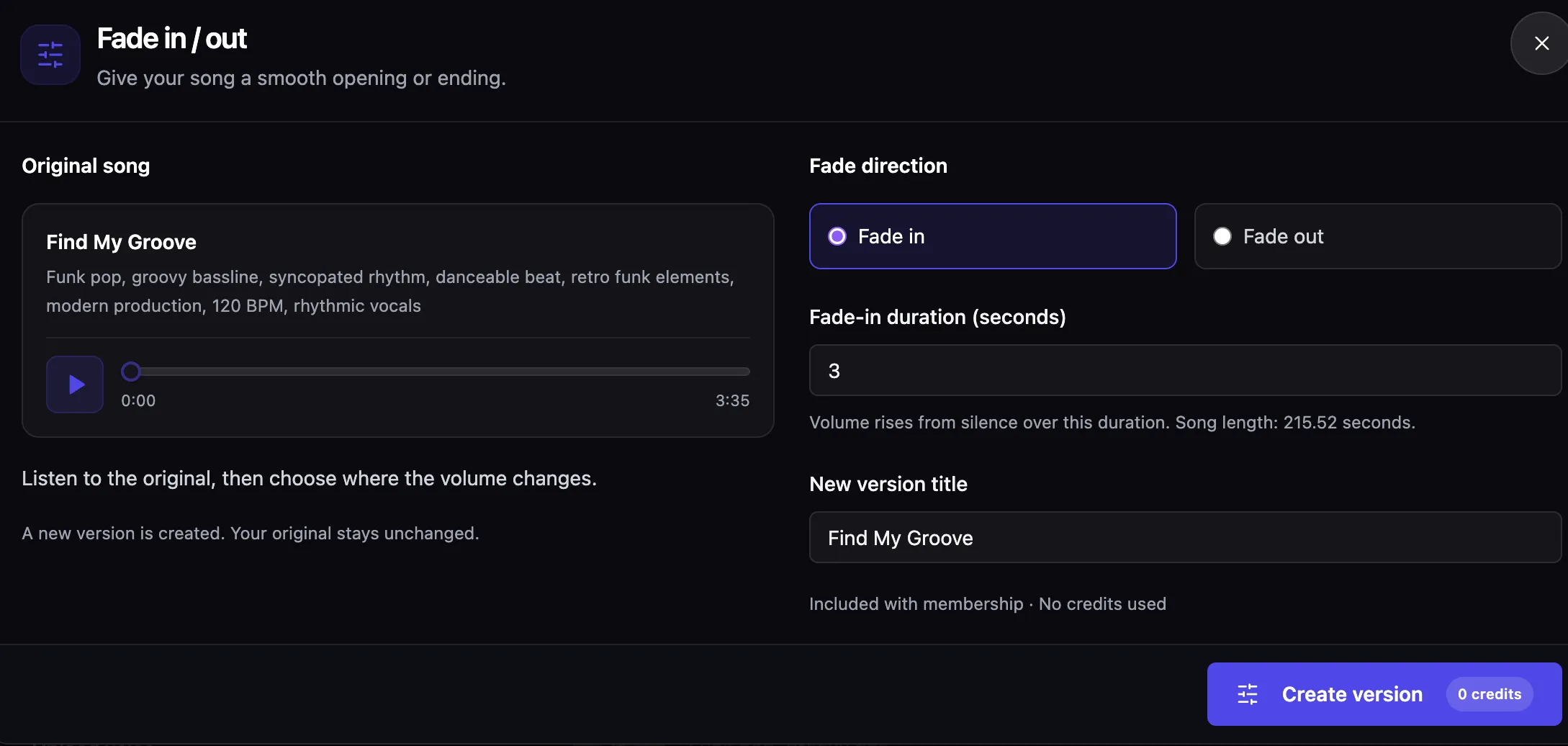 EasyMusic Fade in / out panel showing the original song on the left and, on the right, Fade in or Fade out direction, duration in seconds, new version title, and a Create version button at 0 credits