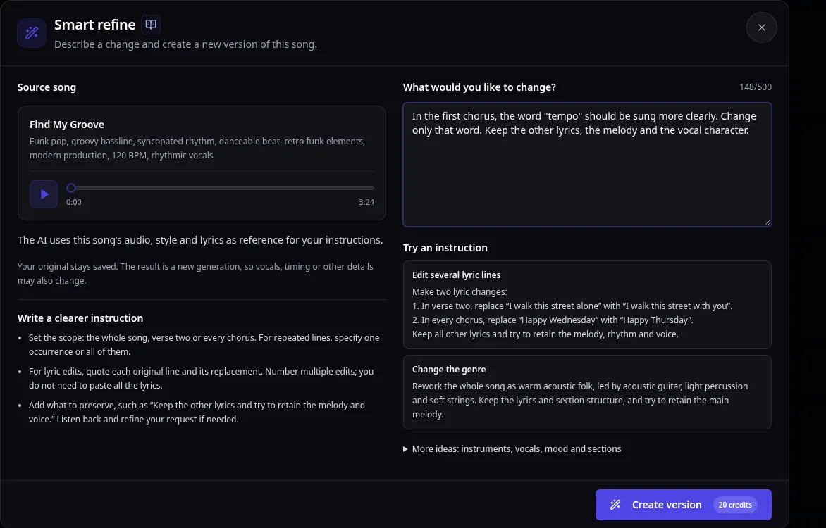 The Smart refine dialog in EasyMusic, with the source song on the left and an instruction asking to sing one word more clearly while keeping the melody and vocal character