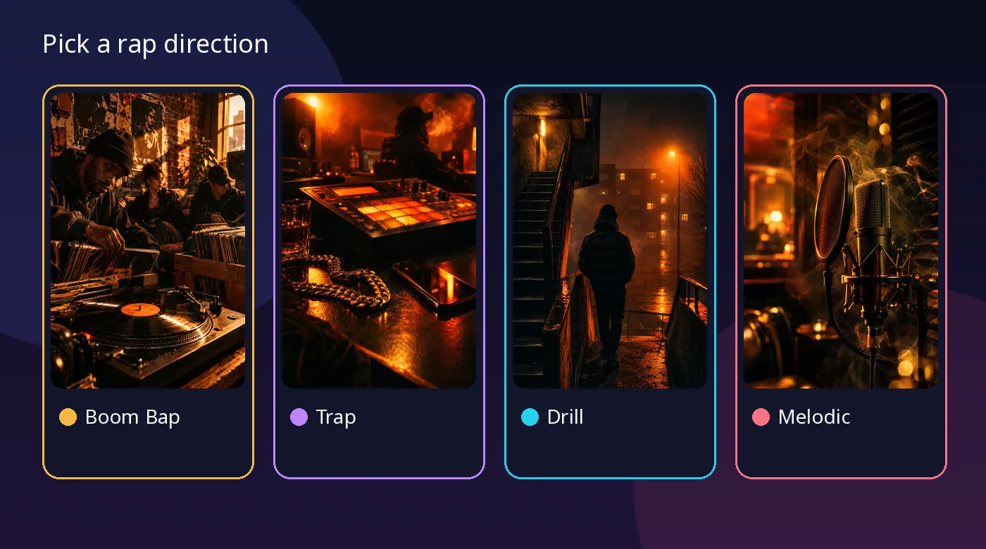 Four illustrated cards labeled Boom Bap, Trap, Drill, and Melodic Rap